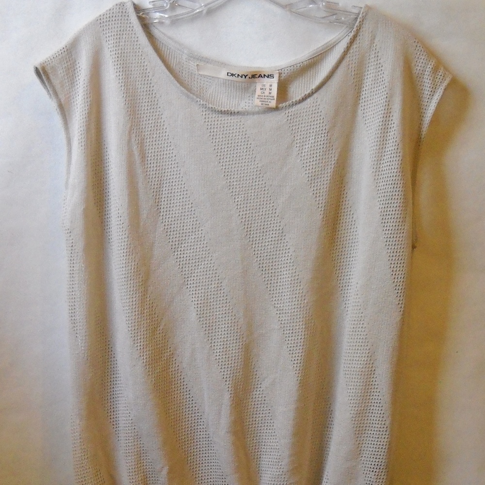 DKNY Jeans Mesh Knit Top Blouse Beige Draw String